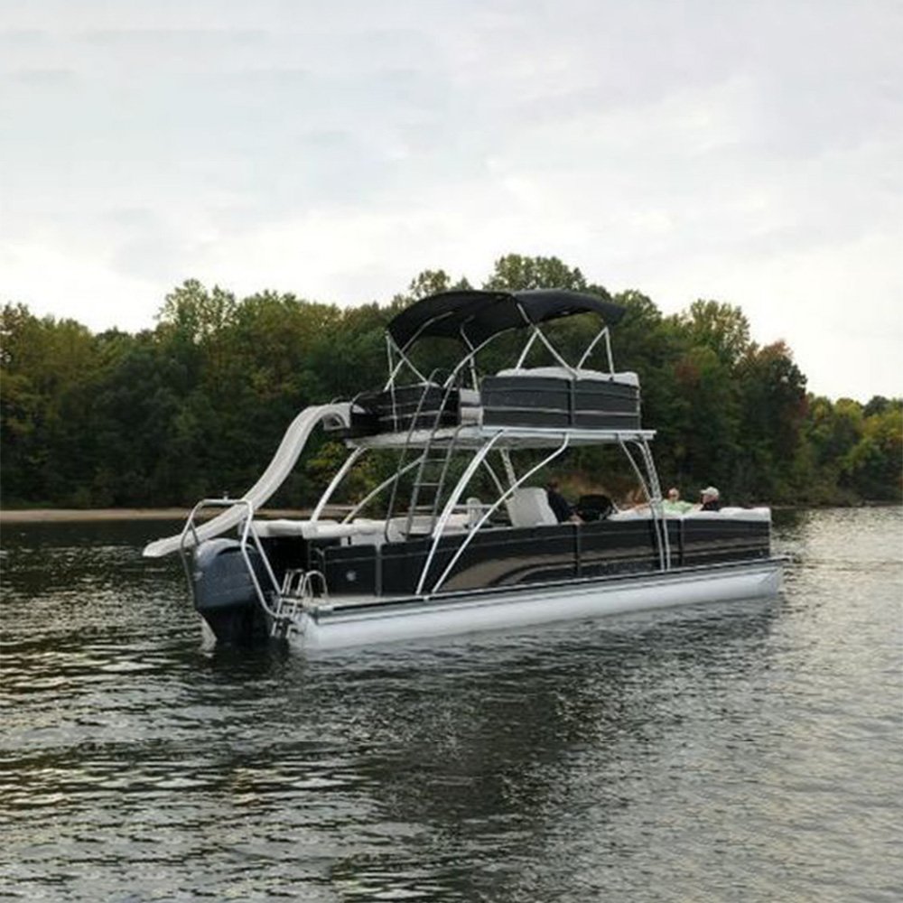 25FT Luxury Double Deck Aluminum Pontoon Boat 6m River Passenger Party Yacht with Outboard Engine Dual Layer Fiberglass Hull